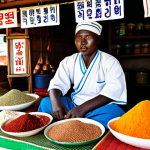 **A vibrant South Sudanese marketplace scene:** A person is sitting at a stall, surrounded by colorful local produce and spices, reminiscent of Korean Go-Chu-Jang. The stall owner is presenting the spices, highlighting the unexpected connection to Korean flavors. Focus on the cultural exchange and discovery of familiar tastes in an unfamiliar setting.