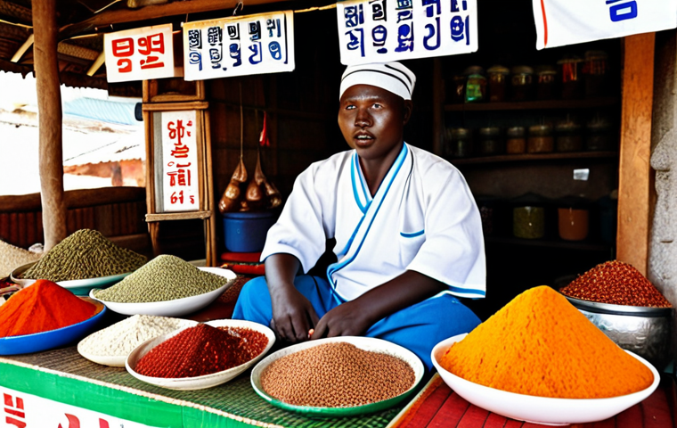 **A vibrant South Sudanese marketplace scene:** A person is sitting at a stall, surrounded by colorful local produce and spices, reminiscent of Korean Go-Chu-Jang. The stall owner is presenting the spices, highlighting the unexpected connection to Korean flavors. Focus on the cultural exchange and discovery of familiar tastes in an unfamiliar setting.